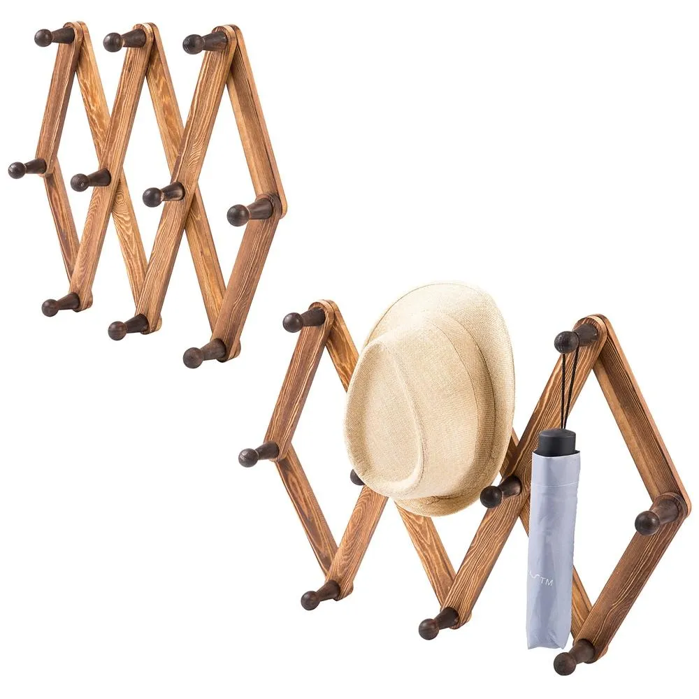 10 Hook Burnt Wood Wall Mounted Expandable Accordion Peg Coat Rack, Set of 2
