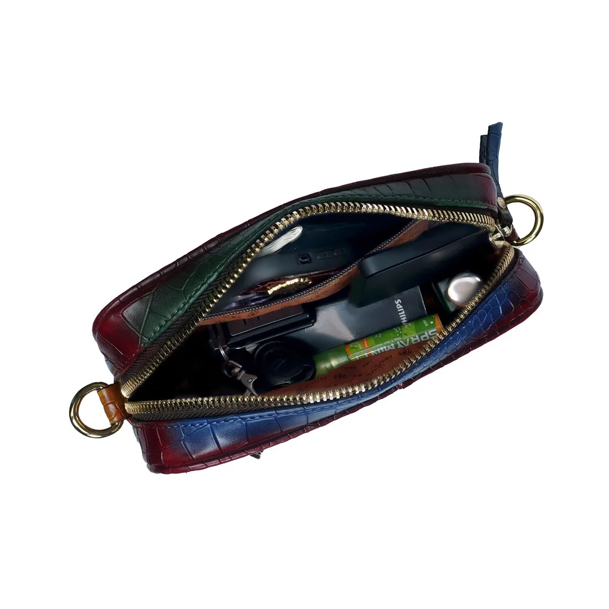 Men's Mini Handbag in Multi-Colored Croco Textured Leather