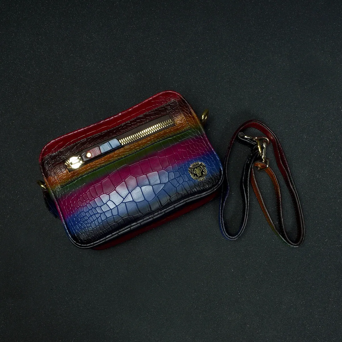 Men's Mini Handbag in Multi-Colored Croco Textured Leather