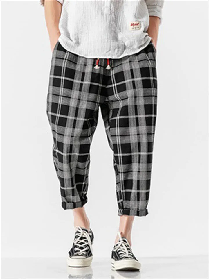 Plaid Drawstring Contrast Color Pants