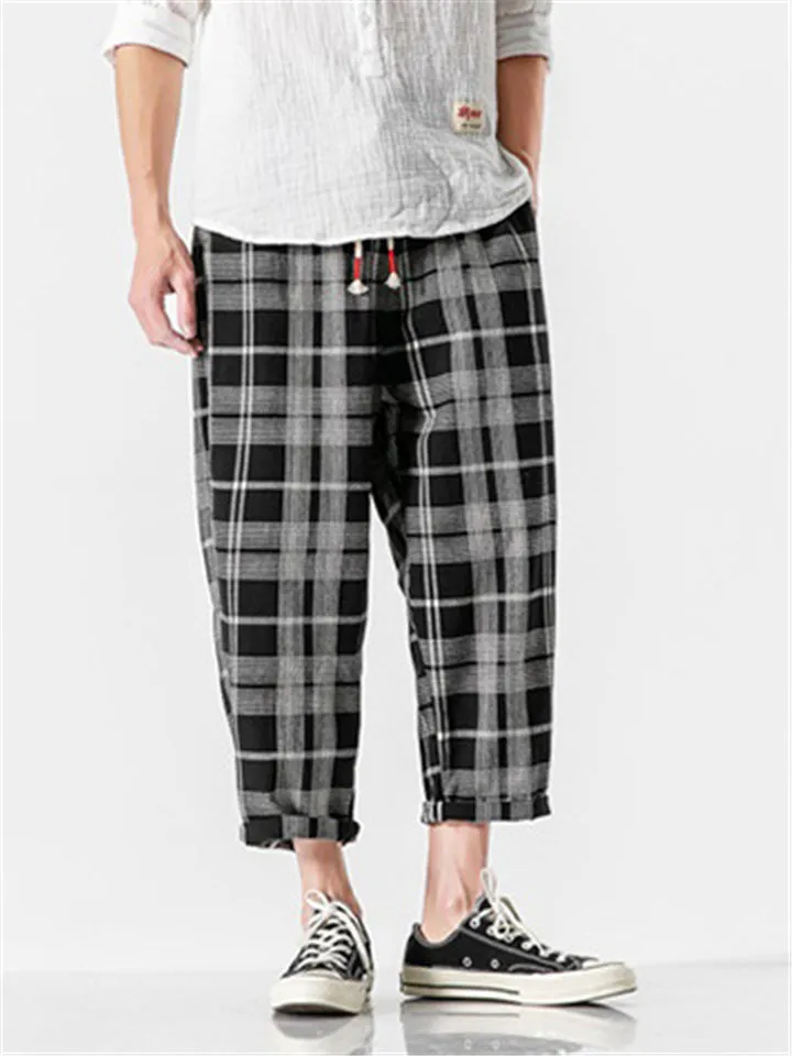 Plaid Drawstring Contrast Color Pants