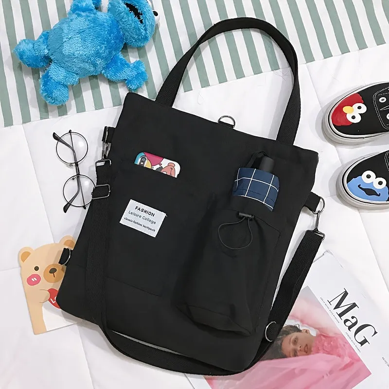Stylish Womens Canvas Tote Bags - Square Shape with Convertible Straps & External Pockets - Trendy Casual Handbags for Everyday Chic