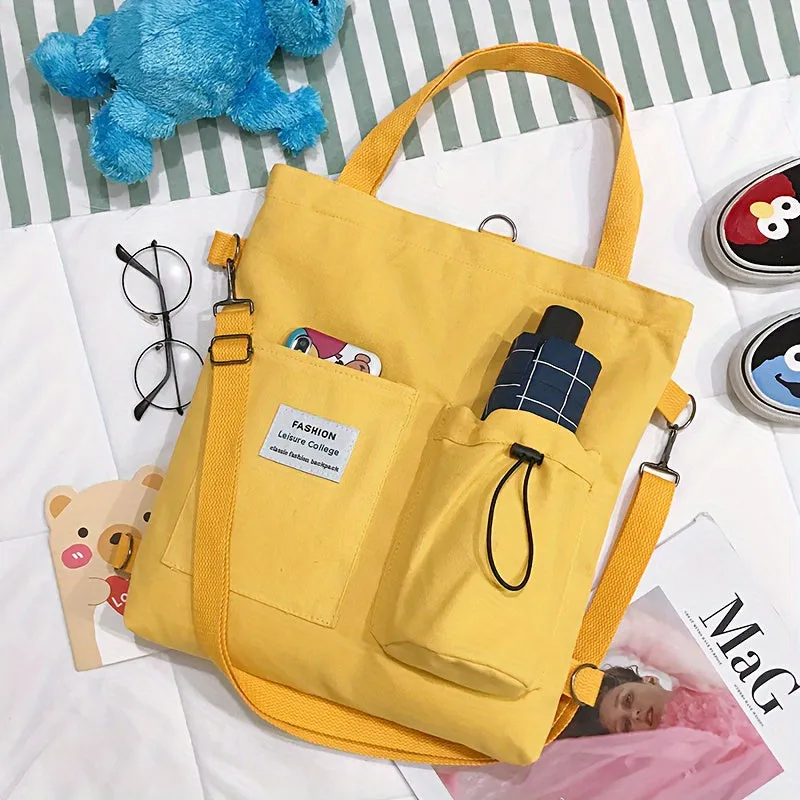 Stylish Womens Canvas Tote Bags - Square Shape with Convertible Straps & External Pockets - Trendy Casual Handbags for Everyday Chic