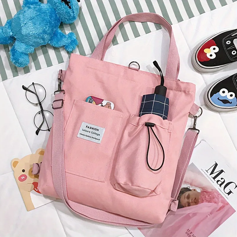 Stylish Womens Canvas Tote Bags - Square Shape with Convertible Straps & External Pockets - Trendy Casual Handbags for Everyday Chic